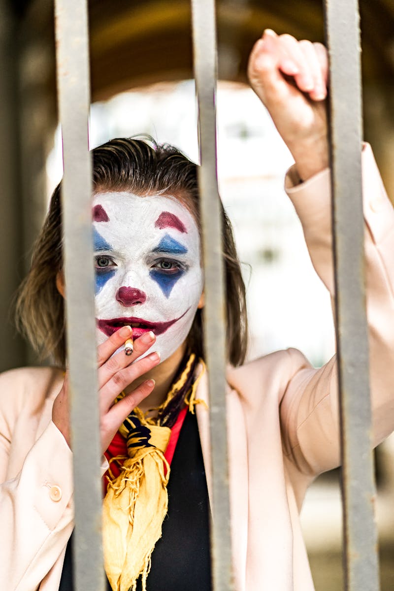 Closeup of woman with Joker makeup behind bars, smoking, in Leipzig, Germany.