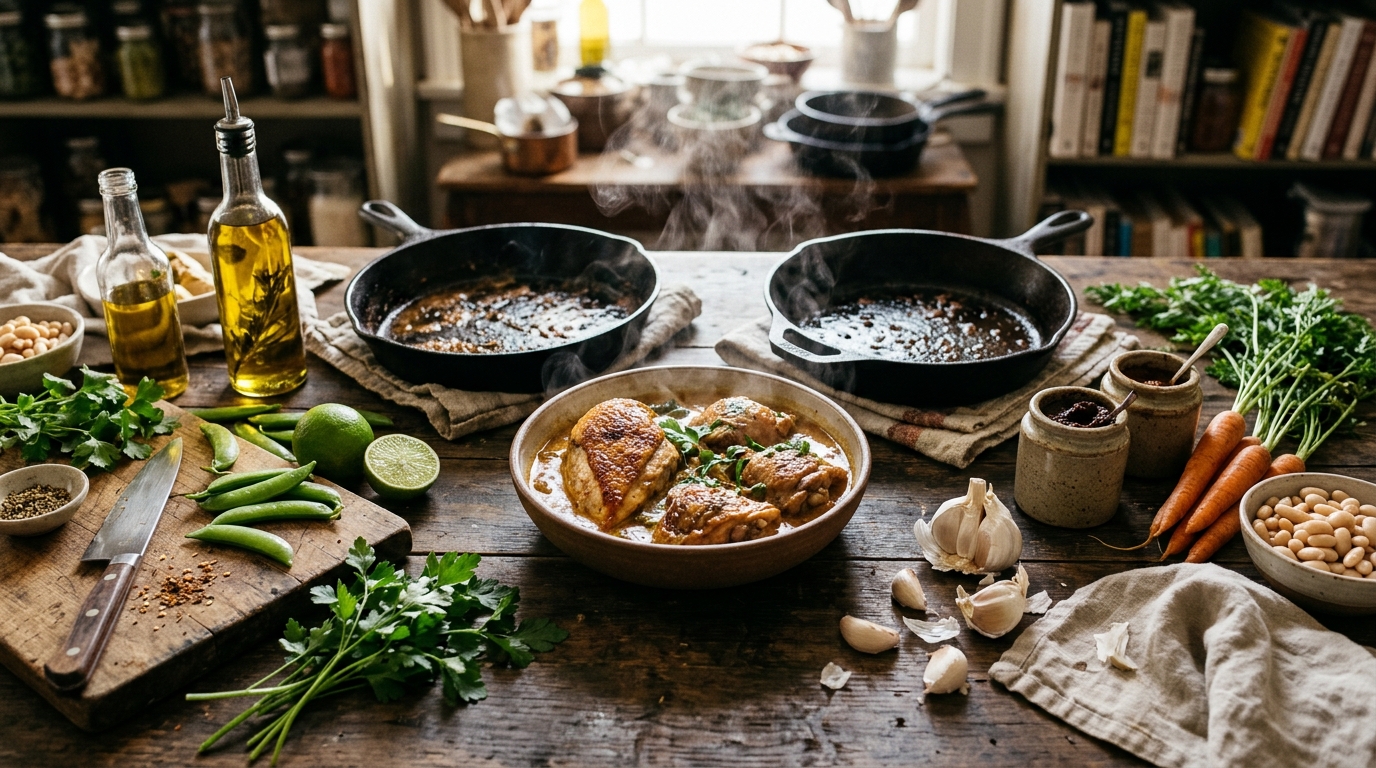 Saftig økologisk kylling fra Homlagarden: Middelhavsfrisk filet og aromatisk rød karri på lår